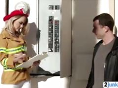 Blonde nympho in firefighter uniform fulfills sexual fantasies with James Deen