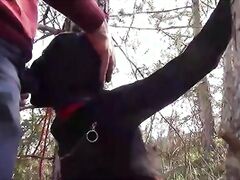 Tied to a tree, masked and outdoor bound deepthroat