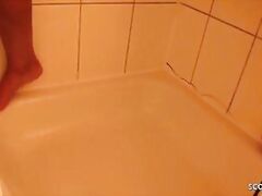 German Girlfriend First Lesbian Strapon Fuck and Pee Shower
