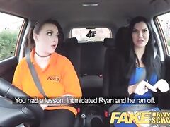 Fake Driving School Jailbird with big tits eats shaven pussy