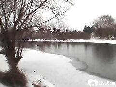 Outdoor winter fun with a hot blonde chick