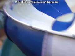 Sexy bikini bimbo raunchy and passionate couple sex in pool