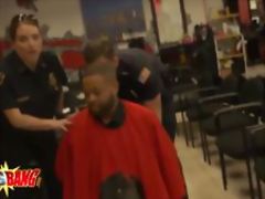 Interracial threesome inside the hair dresser saloon with hot big titted cops