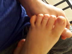 Playing w Gf's sexy small feets toes on my lap