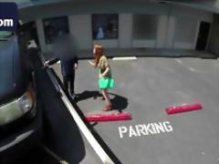 Redhead slut slurps huge throbbing dong in truck