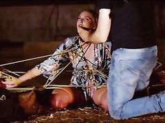 Bound blonde gets throat fingering and painful nipple caning