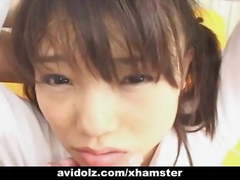 Horny Japanese teen in school uniform sucks cock Uncensored