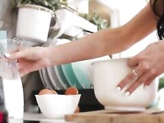 Morning begins for couple with spontaneous sex in kitchen