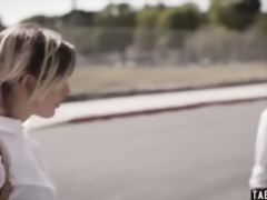 Trespassing schoolgirl teens fuck with a homeless guy