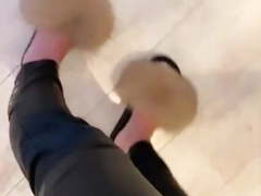 Leather pants and fur sandals.