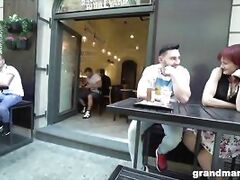 Crazy grandma shoves strapon in young mans ass while chocked