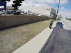 Brunette babe blowing big dick in tow truck