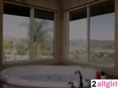 Pale skin blonde got her shaved pussy massage by horny lesbian brunette